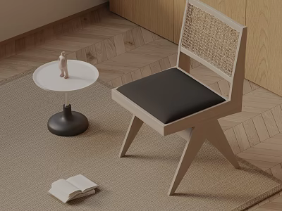 Minimalist Wooden Dining Chair With Rattan Back And Black Cushion On Rug With Small Table 3d model