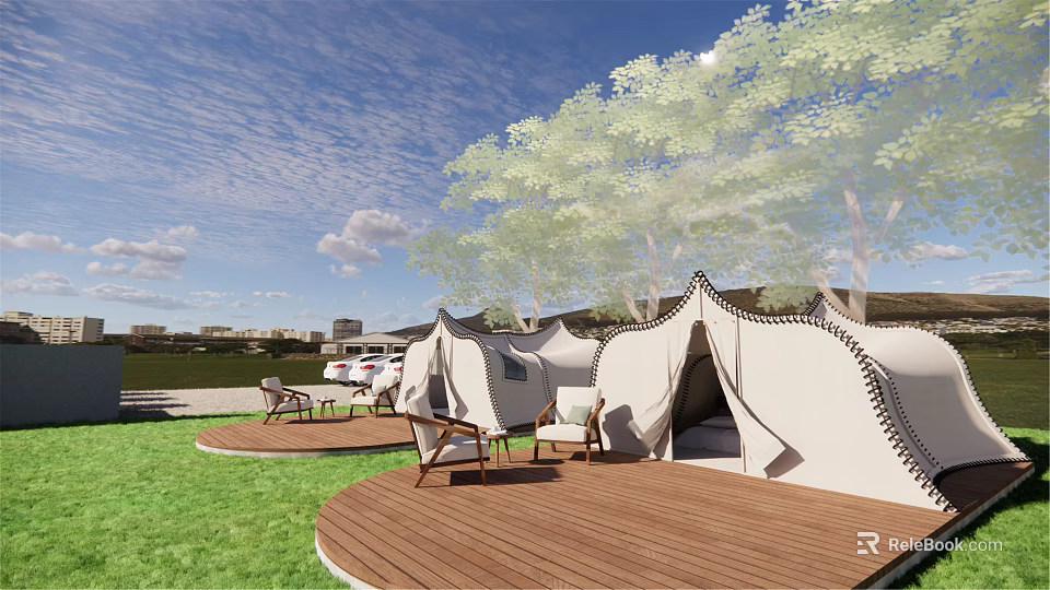 Garden Landscape with White Tent Structures Wooden Deck Green Grass Trees and Outdoor Chairs 3d model 