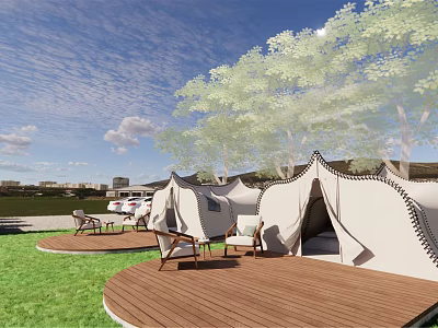 Garden Landscape with White Tent Structures Wooden Deck Green Grass Trees and Outdoor Chairs 3d model