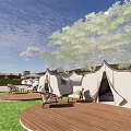 Garden Landscape with White Tent Structures Wooden Deck Green Grass Trees and Outdoor Chairs