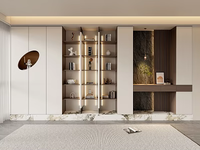 Modern White and Wooden Bookcase With Open Multi-layer Shelves LED Lighting and Decorative Items 3d model
