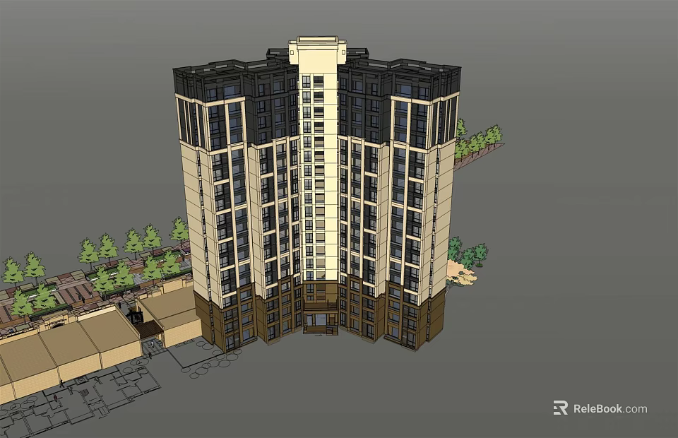 Modern High Rise Residential Building With Multiple Windows Ground Floor Structures And Surrounding Trees 3d model 