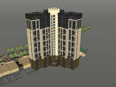 Modern High Rise Residential Building With Multiple Windows Ground Floor Structures And Surrounding Trees 3d model