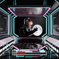 Futuristic Space Interior With Astronaut Moon And Neon Control Panels