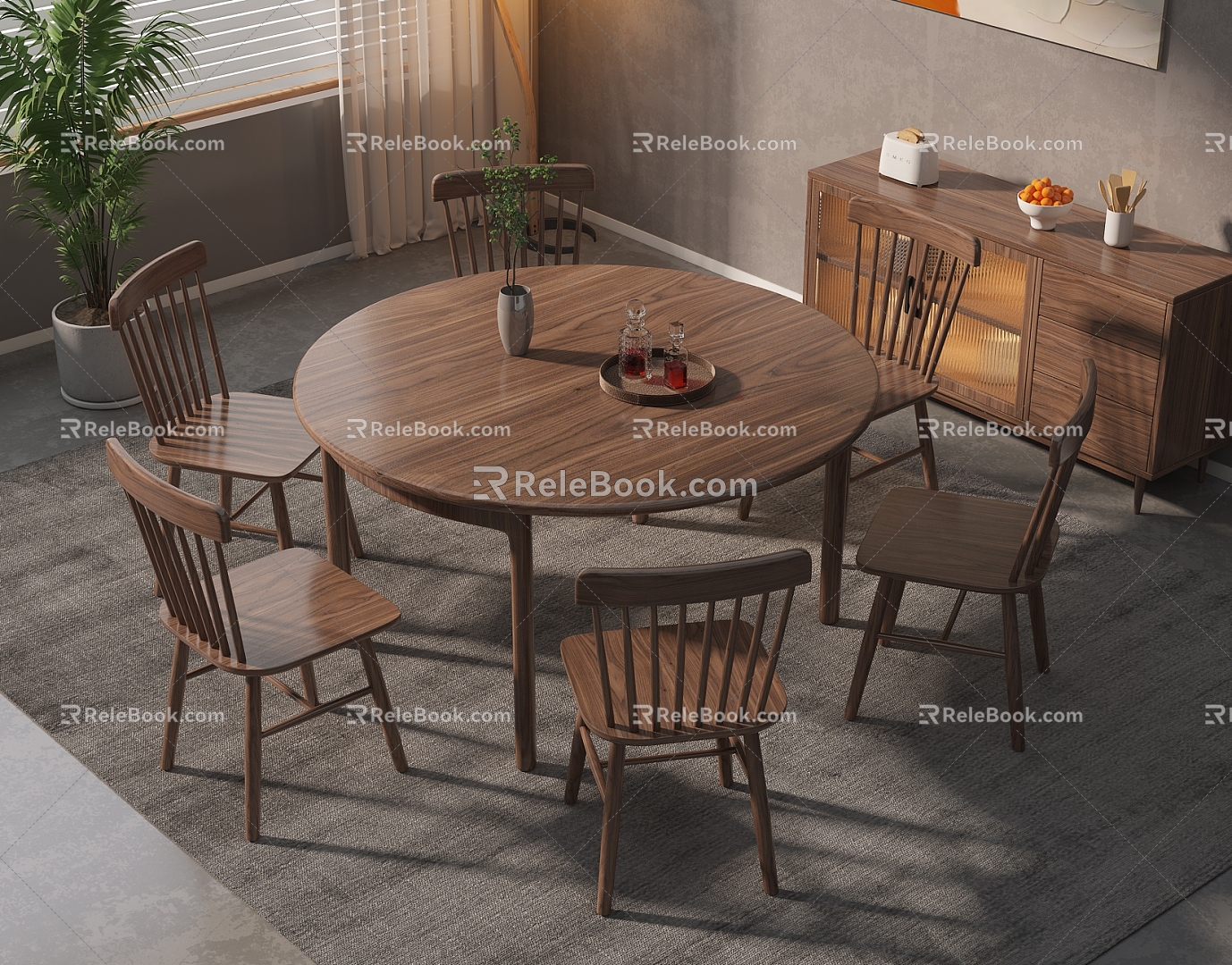 Quiet Ancient Style Dining Table and Chair Combination Solid Wood Round Dining Table and Chair Solid Wood Dining Chair Solid Wood Sideboard 3d model