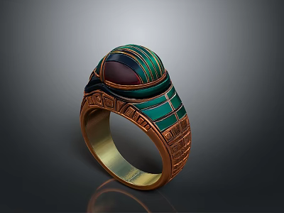Elegant Gold Ring With Red Gem Green Blue Enamel And Carved Patterns Design 3d model