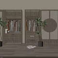 Modern Wooden Wardrobe Interior With Open Shelves Hanging Clothes Potted Plants And Circular Decor