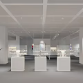 Art Exhibition Hall Interior With White Columns Grid Ceiling And Central Sculpture 3d model