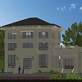 Two Story Detached Villa With Light Beige Exterior Dark Gray Roof And Green Trees