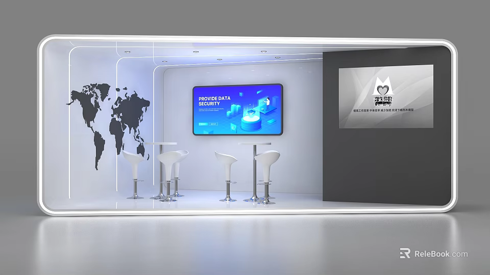 Modern Lounge Area With World Map Large Screen High Stools And Logo 3d model 