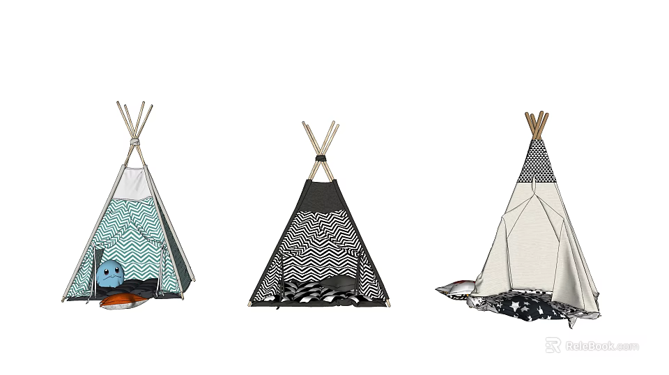 Three Stylish Tepee Tents With Chevron Geometric And Colorful Patterns 3d model 