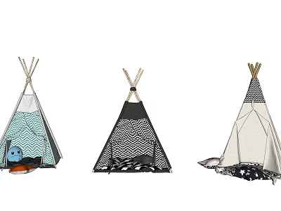 Three Stylish Tepee Tents With Chevron Geometric And Colorful Patterns 3d model