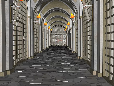 Elevator Corridor With Arched Ceiling Hanging Lanterns And Stone Floor Design 3d model