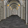 Elevator Corridor With Arched Ceiling Hanging Lanterns And Stone Floor Design