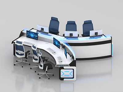 Modern Monitoring Room With Curved Console Multiple Monitors Blue Lighting And Ergonomic Chairs 3d model