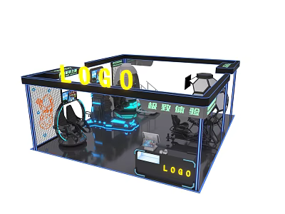 E-sports Alliance Exhibition Booth Interior With LOGO And Gaming Equipment Setup 3d model