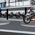 Various Motorcycle Models Displayed In Modern Showroom With Platforms And Lighting 3d model