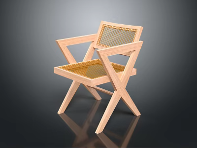 Light Wood Lounge Chair with Wooden Frame Mesh Seat Backrest and Cross Legs 3d model