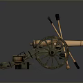 Antique Brass Cannon Featuring Large Wooden Wheels Carriage and Cleaning Brushes