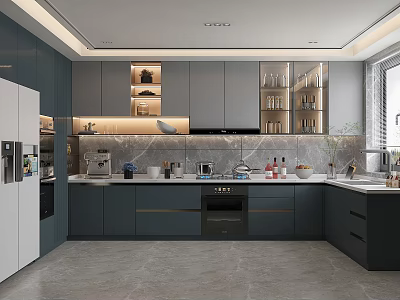 Modern Kitchen Interior With Dark Gray Cabinets White Refrigerator Marble Island And Glass Shelves 3d model