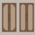 Symmetrical Wooden Double Doors With Arched Mesh Panels And Metal Handles