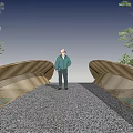 Arched Metallic Landscape Bridge Over Water Surface With Trees And People