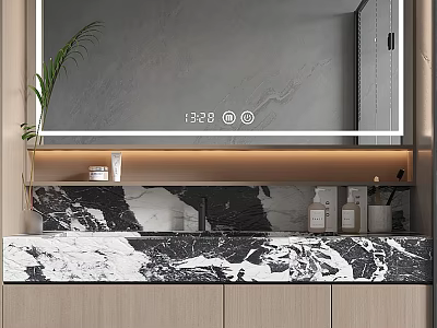 Modern Bathroom Vanity Cabinet with Large Mirror Marble Countertop and Potted Plant 3d model