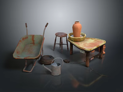 Vintage Garden Tools And Furniture With Wheelbarrow Stool Clay Pot Watering Can And Wooden Table 3d model