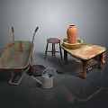 Vintage Garden Tools And Furniture With Wheelbarrow Stool Clay Pot Watering Can And Wooden Table