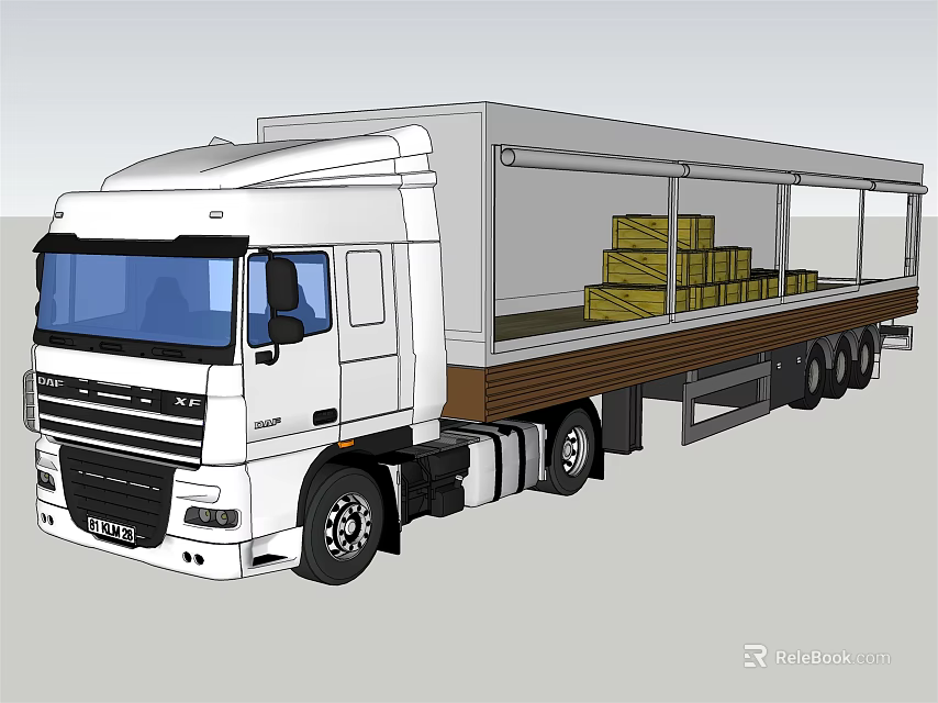 White Truck With Open Trailer Loaded With Yellow Boxes And Cargo 3d model 