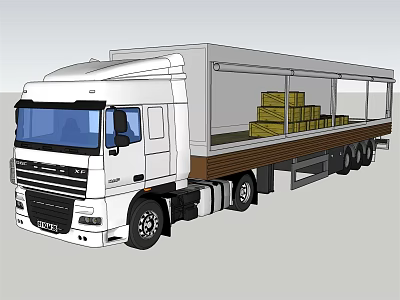 White Truck With Open Trailer Loaded With Yellow Boxes And Cargo 3d model