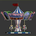 Colorful Amusement Park Carousel Ride With Decorative Canopy Flags Horses And Eiffel Tower Paintings