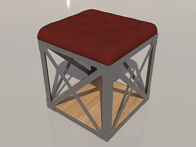 Red Tufted Padded Seat Stool With Gray Metal Frame And Sturdy Design 3d model