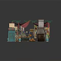 Vintage Small Building Structures Featuring Green Cabinets Red Awnings Wooden Barrels And Tables