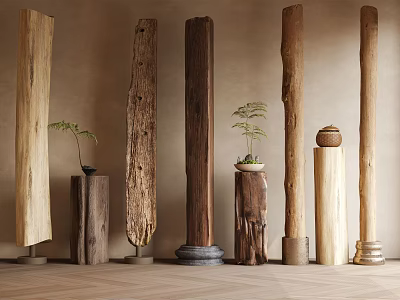 Various Wooden Columns With Different Colors Textures And Small Plants On Decorative Bases 3d model