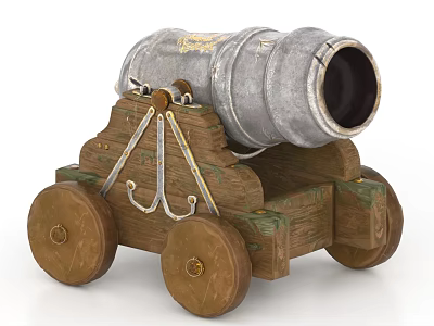 Vintage Military Cannon Weapon with Metal Barrel Wooden Carriage and Wheels 3d model