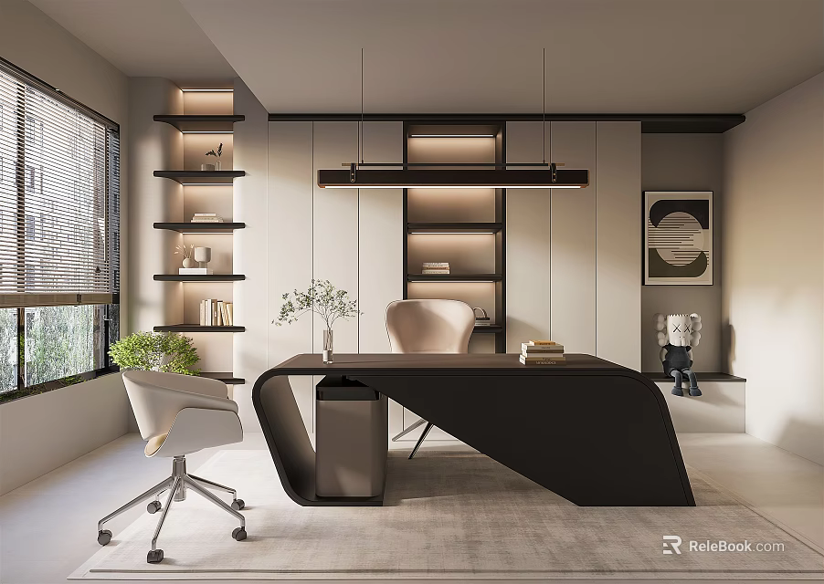 Modern Home Office Interior With Black Desk White Chair Pendant Lights And Floating Bookshelves 3d model 