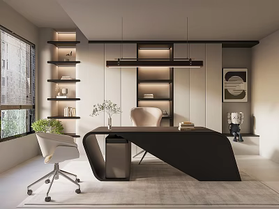 Modern Home Office Interior With Black Desk White Chair Pendant Lights And Floating Bookshelves 3d model