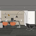 Modern Elegant Office Interior Design With Open Bookshelves Orange Chairs Curved Bookshelf And Gray Carpet