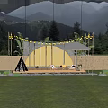 Outdoor Art Installation With Yellow Semicircular Structure Bamboo Fence And String Lights 3d model