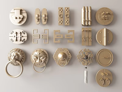 Golden Metal Handles With Assorted Decorative Designs And Intricate Shapes For Cabinet Furniture 3d model