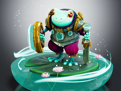 Frog Warrior Character With Armor Shield And Sword Standing On Lily Pad With Lotus Flowers 3d model