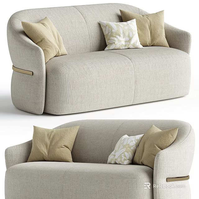 Soft Light Beige Fabric Double Sofa With Decorative Pillows And Modern Rounded Armrests 3d model