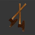 Two Vintage Rusted Axes With Wooden Handles Crossed On Dark Surface