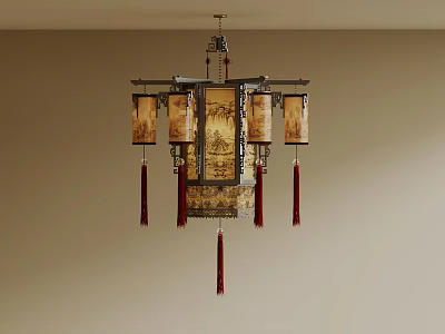 Traditional Chinese Style Chandelier With Multiple Decorative Shades And Red Tassels Hanging 3d model