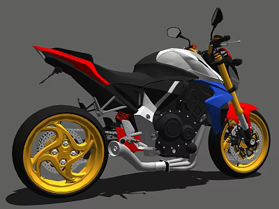 Sporty Red White Blue Black Motorcycle With Streamlined Body And Gold Alloy Wheels 3d model