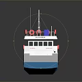 White And Blue Vessel With Upper Deck Red Life Rings And Structure Design
