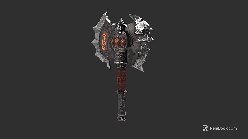 Ornate War Axe Featuring Spiked Head Red Wrapped Handle And Metallic Details 3d model 