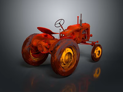 Vintage Red Tractor With Large Wheels And Yellow Rims On Gray Background 3d model