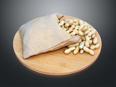 Fresh Peanuts Spilled From Burlap Sack On Round Wooden Plate 3d model
